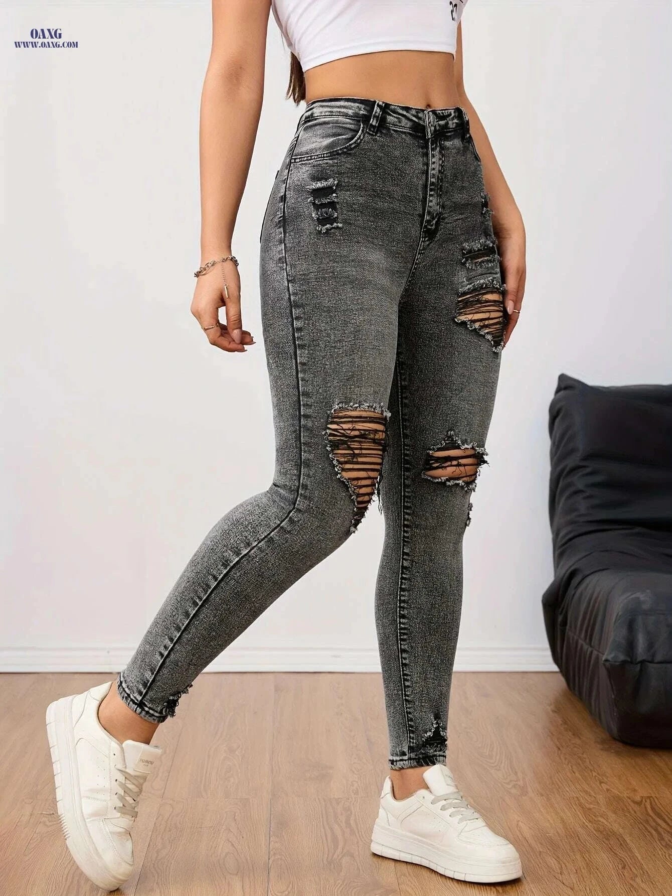 Women's Distressed Gray High-Waisted Skinny Jeans - Casual Fit   OAXG grey / XS