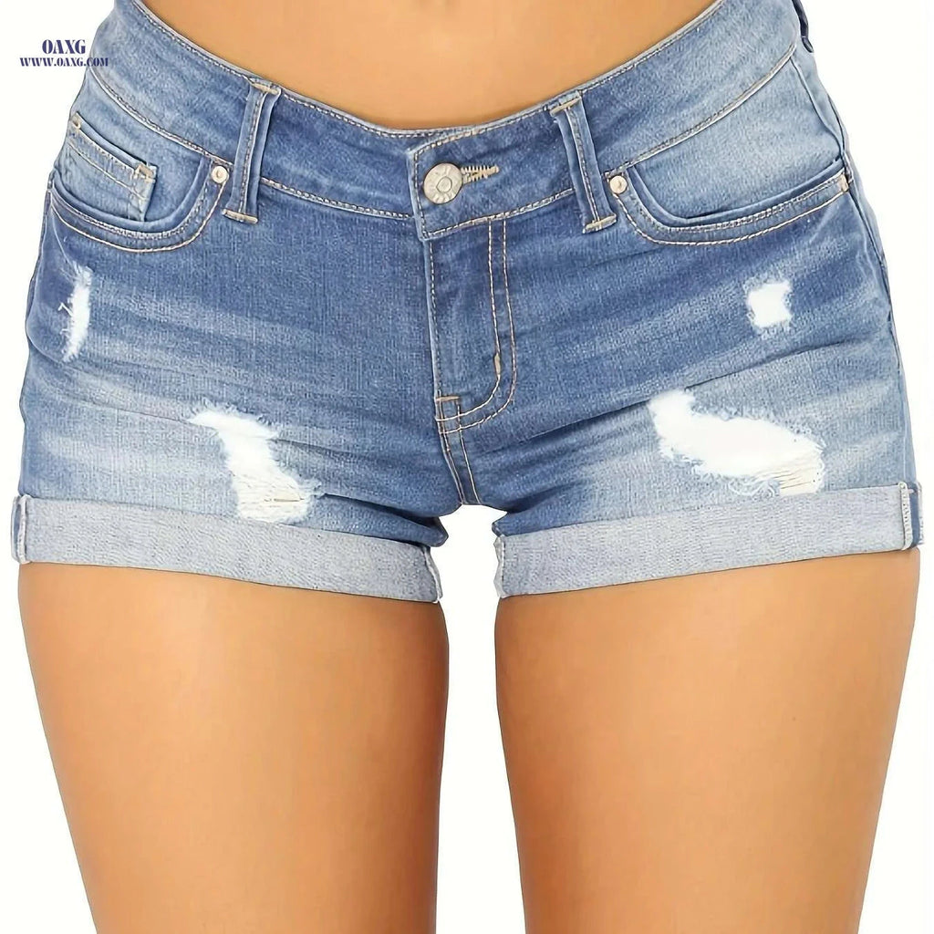 Women's Distressed Ripped Denim Shorts - Frayed Hem, Faded Blue   OAXG 