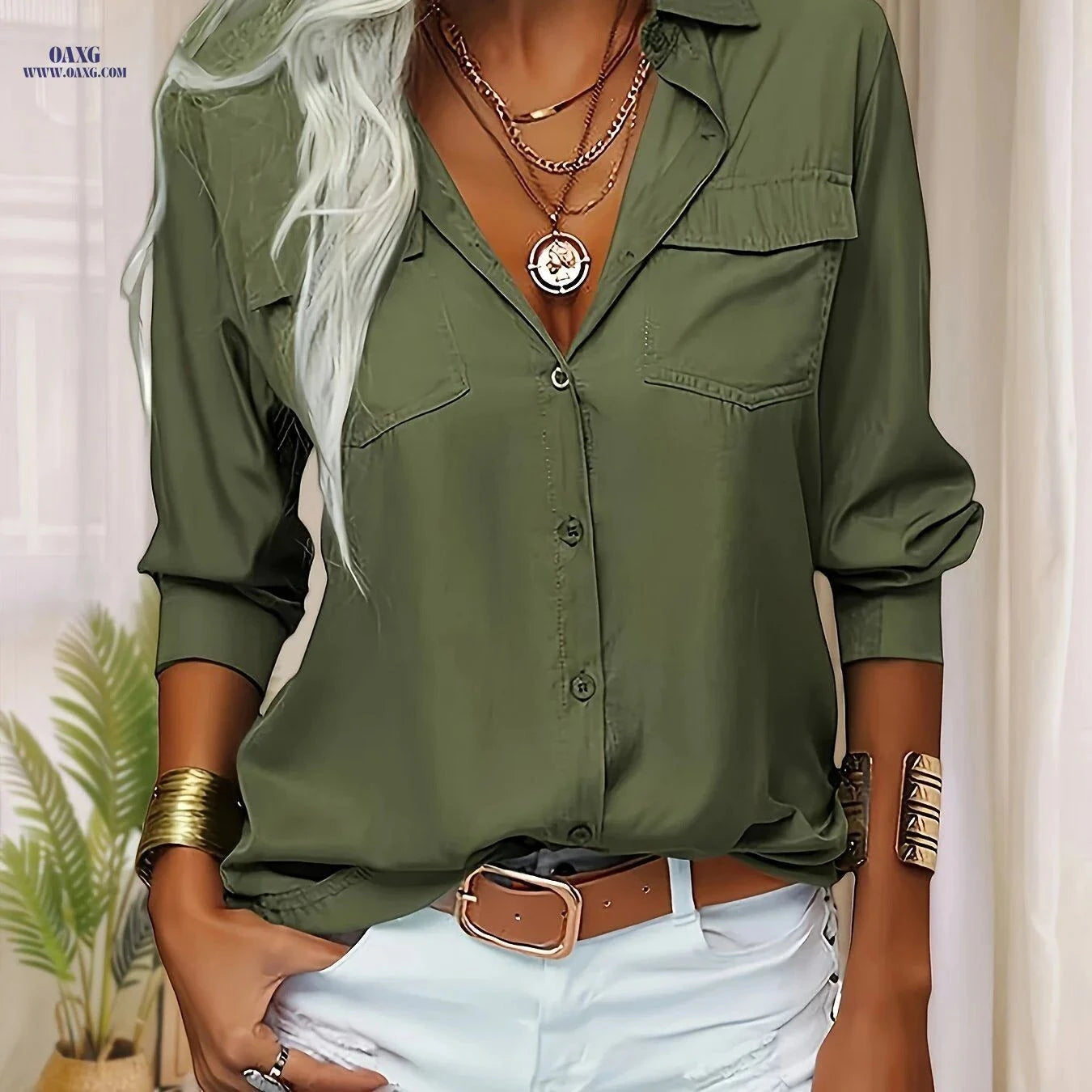 Women's Double Bag Cover Shirt - Elegant Lapel Style for Casual Outings   OAXG Khaki / S