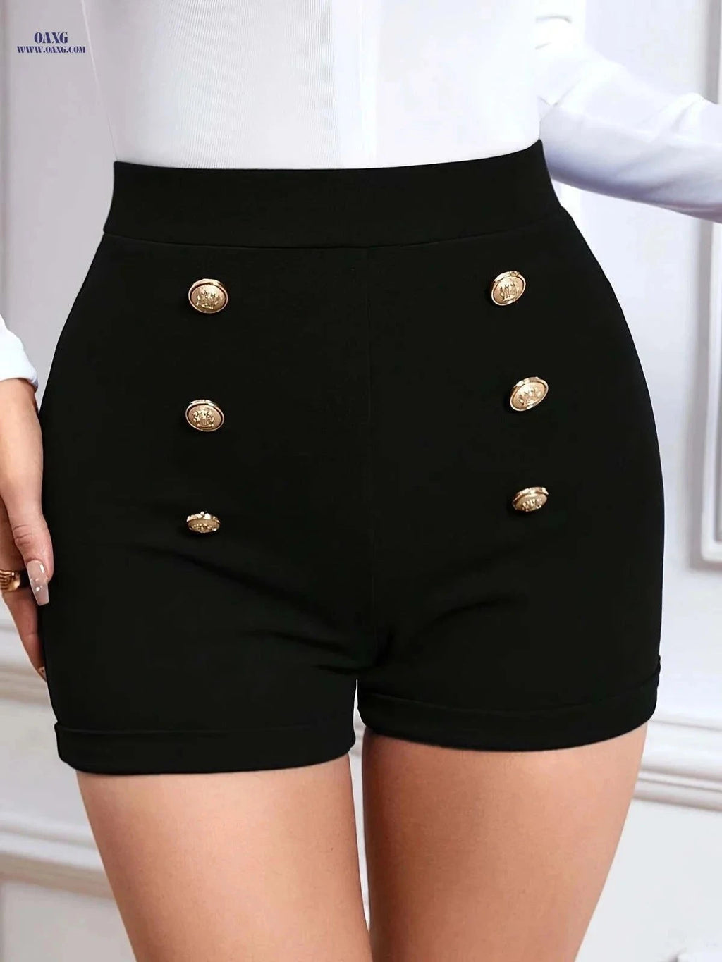 Women's Double Breasted High Waist Shorts - Versatile Spring Style   OAXG Black / XS