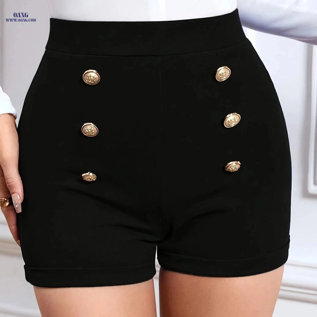 Women's Double Breasted High Waist Shorts - Versatile Spring Style   OAXG Black / XS