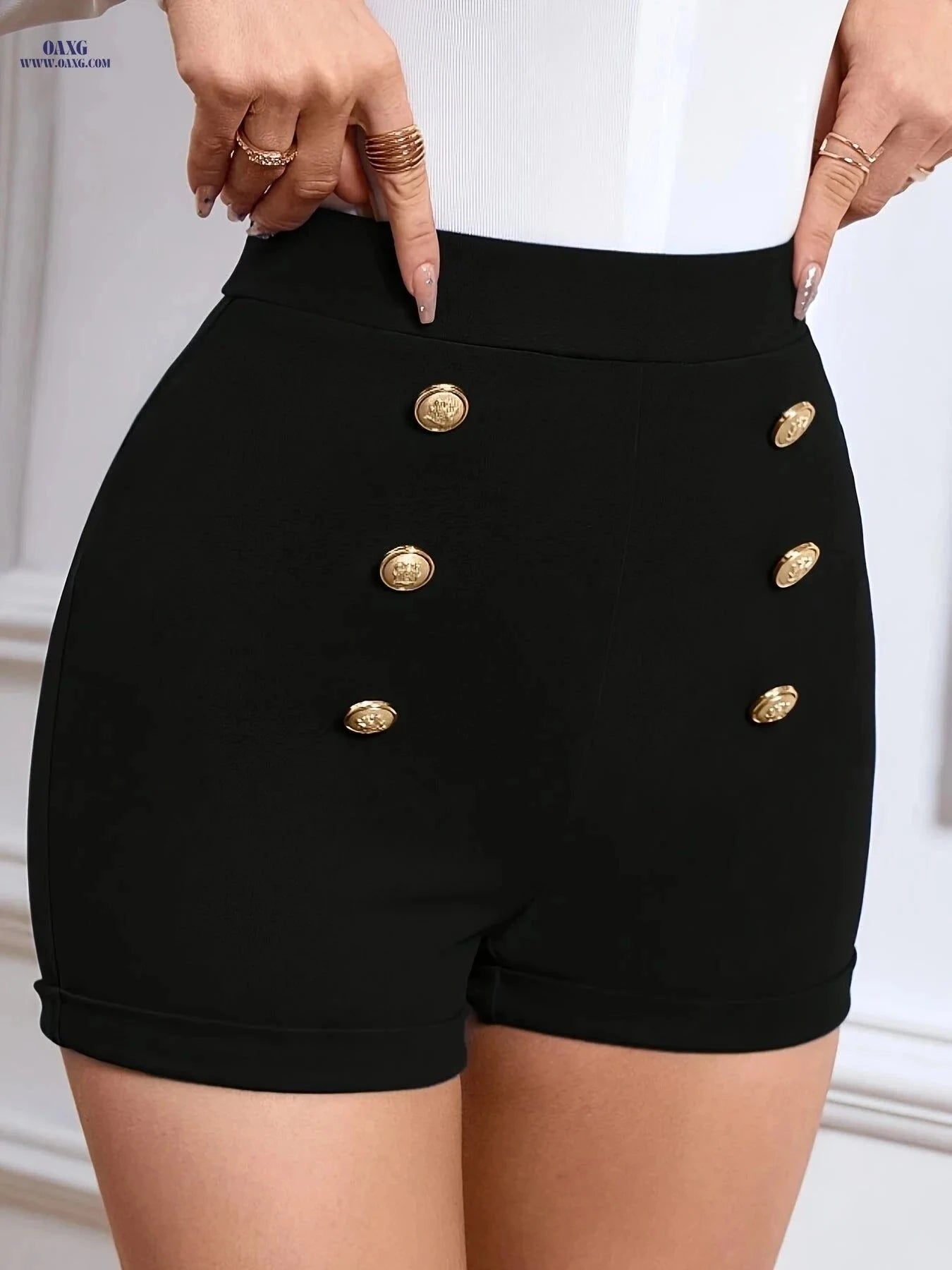 Women's Double Breasted High Waist Shorts - Versatile Spring Style   OAXG Black / XS
