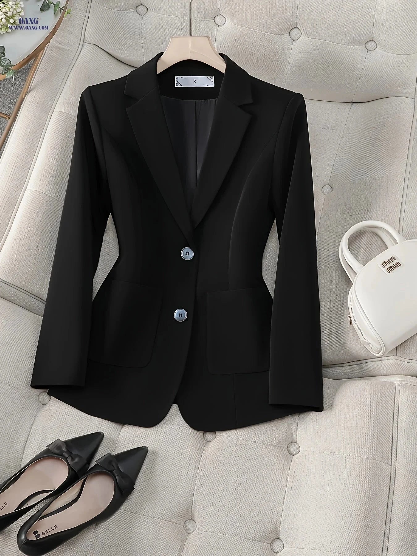 Women's Double-Pocket Blazer - Elegant Button-Front with Lapel   OAXG 