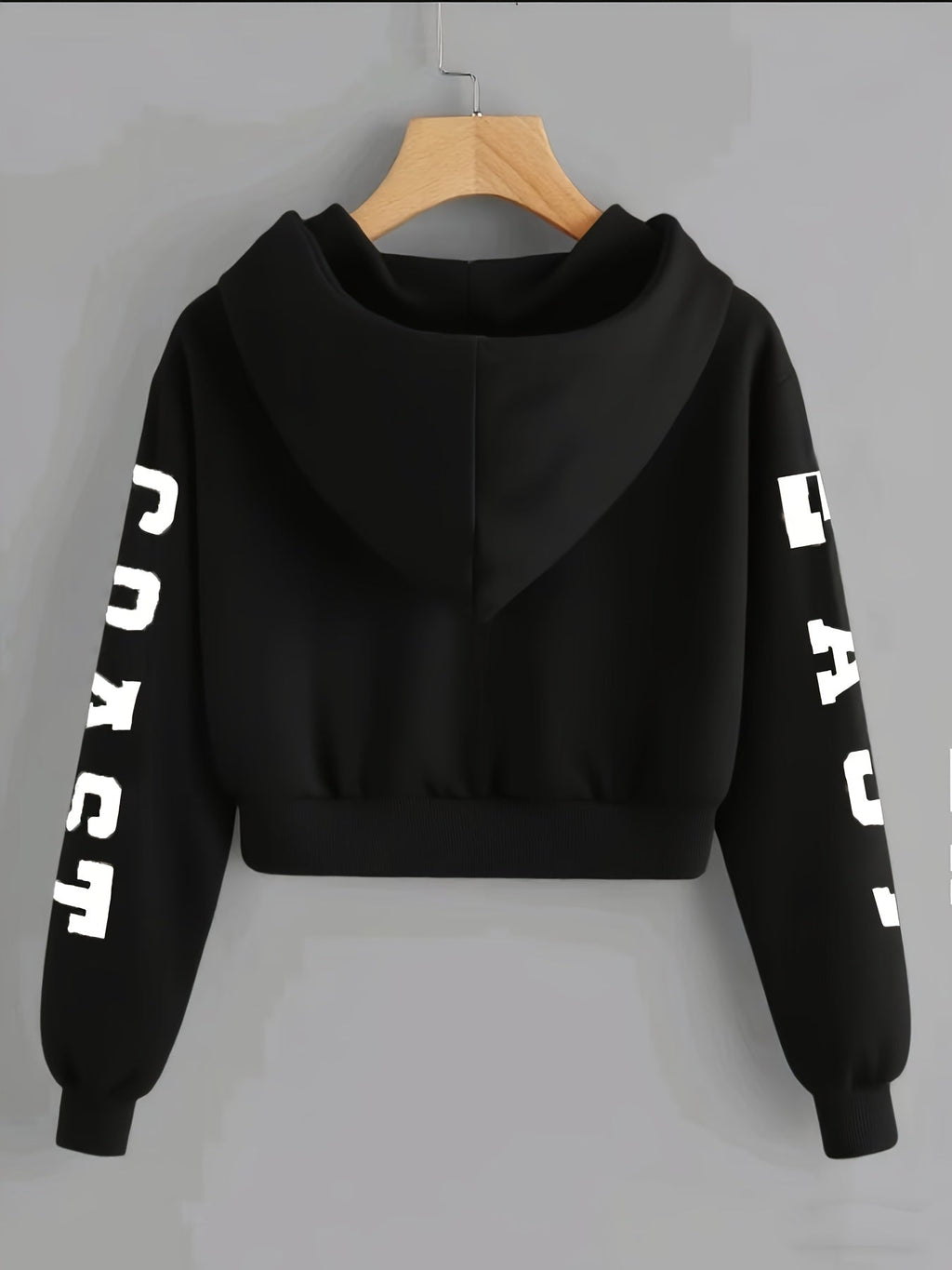 Women's East Coast Letter Print Warm Hooded Crop Sweatshirt, Long Sleeve Casual Sweatshirt for Spring, Autumn, Winter, Outerwear   OAXG Black / XS