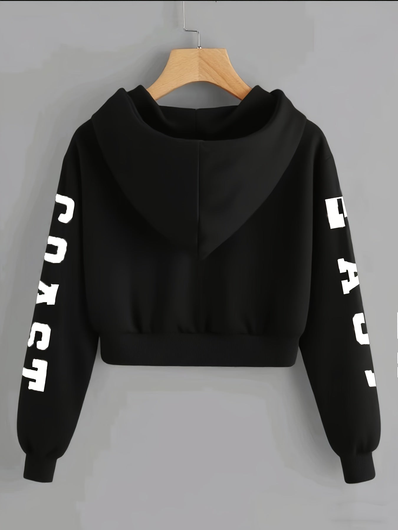 Women's East Coast Letter Print Warm Hooded Crop Sweatshirt, Long Sleeve Casual Sweatshirt for Spring, Autumn, Winter, Outerwear   OAXG Black / XS