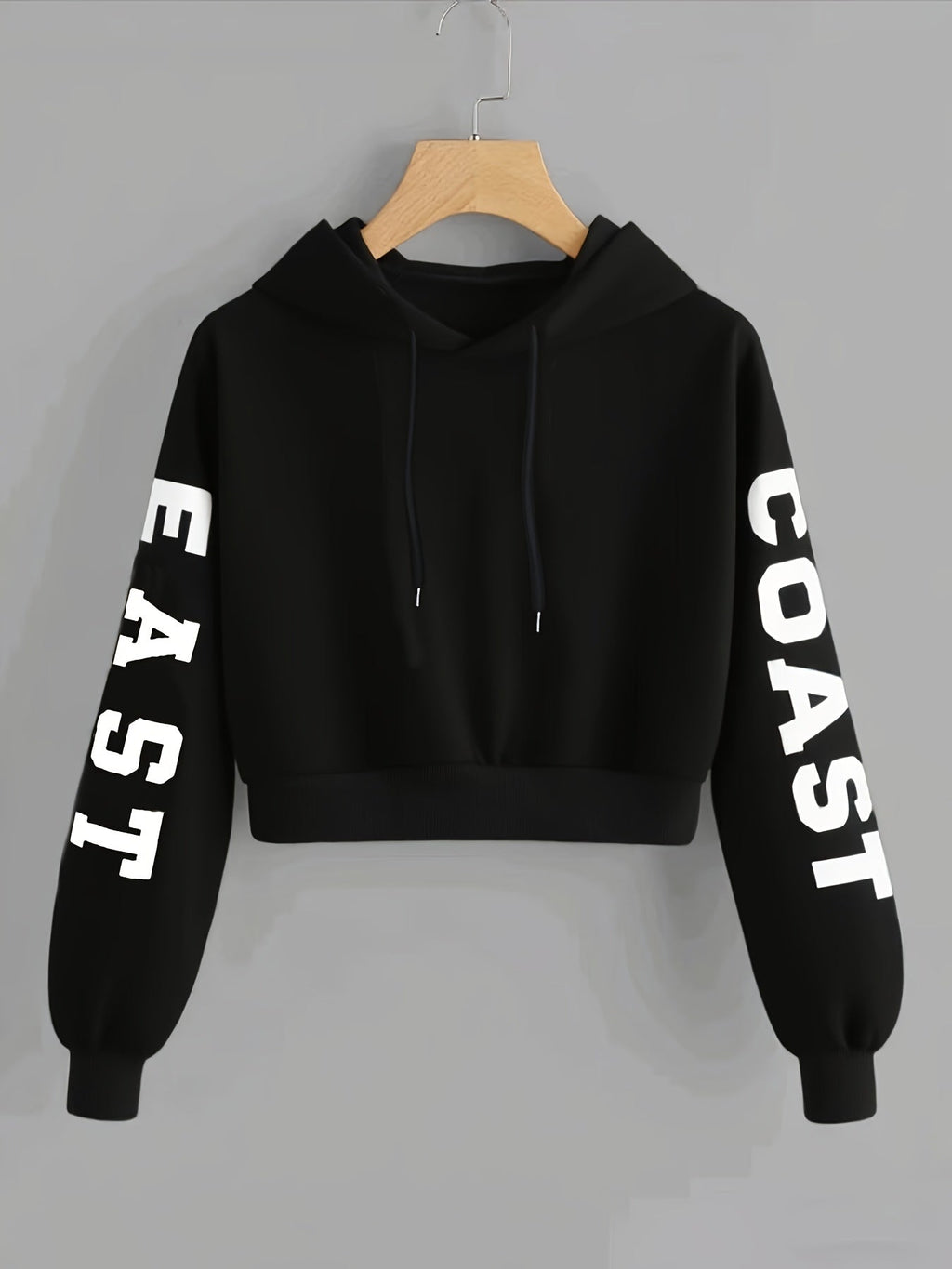 Women's East Coast Letter Print Warm Hooded Crop Sweatshirt, Long Sleeve Casual Sweatshirt for Spring, Autumn, Winter, Outerwear   OAXG Black / XS