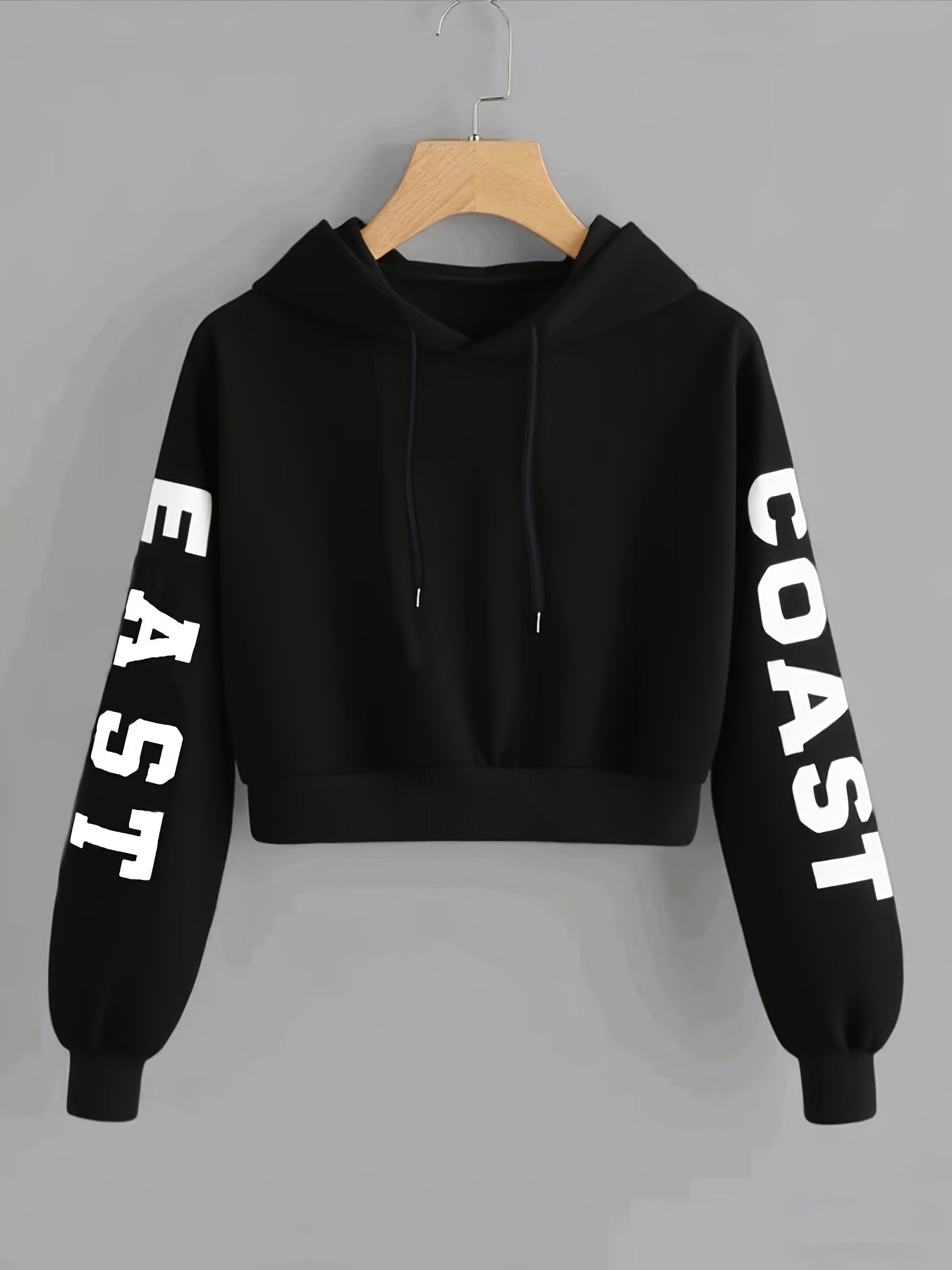 Women's East Coast Letter Print Warm Hooded Crop Sweatshirt, Long Sleeve Casual Sweatshirt for Spring, Autumn, Winter, Outerwear   OAXG Black / XS