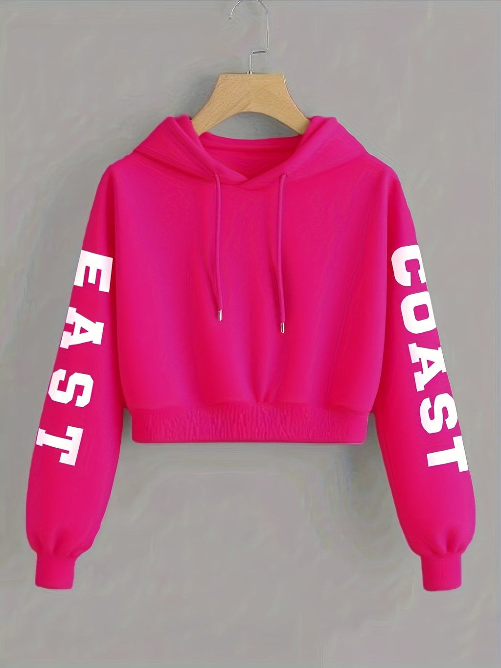 Women's East Coast Letter Print Warm Hooded Crop Sweatshirt, Long Sleeve Casual Sweatshirt for Spring, Autumn, Winter, Outerwear   OAXG Black / XS