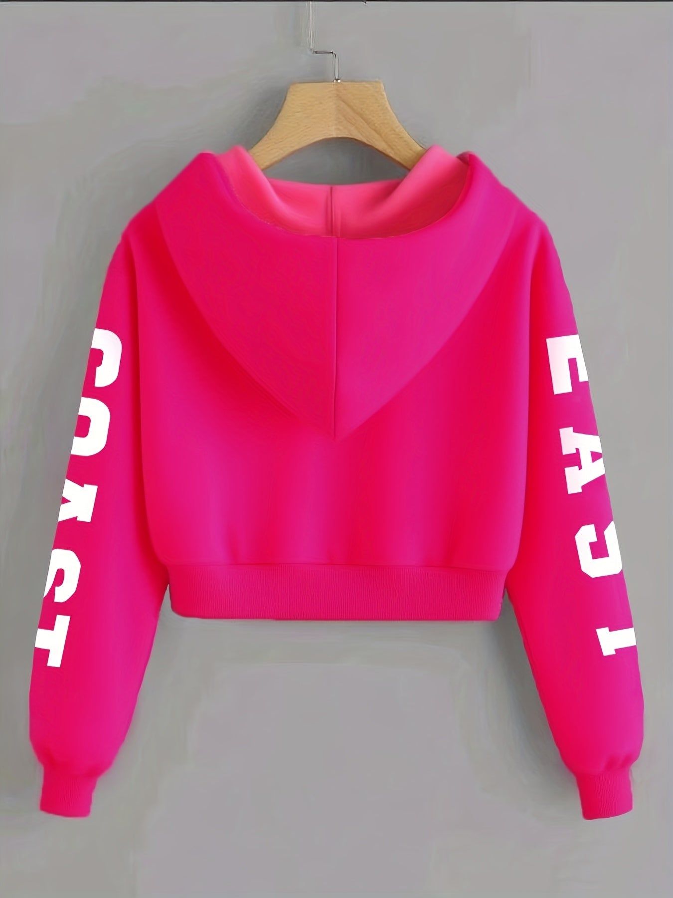 Women's East Coast Letter Print Warm Hooded Crop Sweatshirt, Long Sleeve Casual Sweatshirt for Spring, Autumn, Winter, Outerwear   OAXG Black / XS