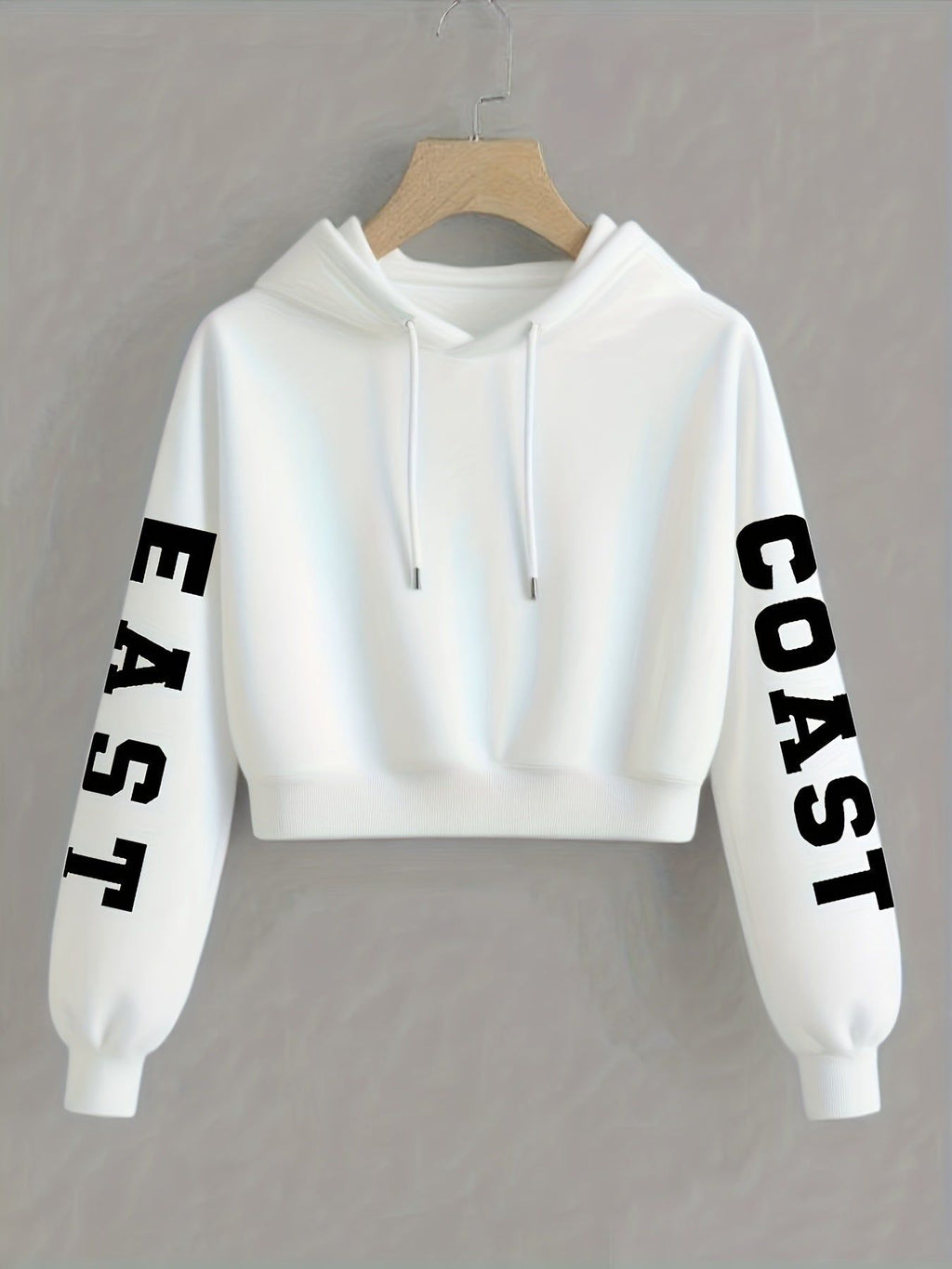 Women's East Coast Letter Print Warm Hooded Crop Sweatshirt, Long Sleeve Casual Sweatshirt for Spring, Autumn, Winter, Outerwear   OAXG Black / XS