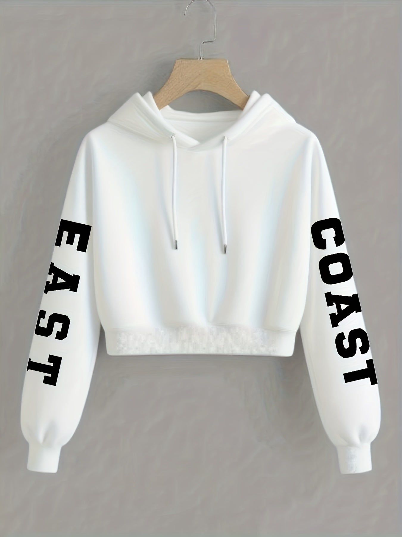 Women's East Coast Letter Print Warm Hooded Crop Sweatshirt, Long Sleeve Casual Sweatshirt for Spring, Autumn, Winter, Outerwear   OAXG Black / XS