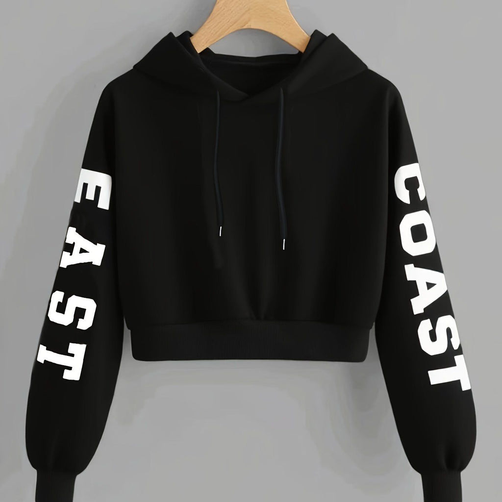 Women's East Coast Letter Print Warm Hooded Crop Sweatshirt, Long Sleeve Casual Sweatshirt for Spring, Autumn, Winter, Outerwear   OAXG Black / XS