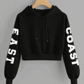 Women's East Coast Letter Print Warm Hooded Crop Sweatshirt, Long Sleeve Casual Sweatshirt for Spring, Autumn, Winter, Outerwear   OAXG Black / XS