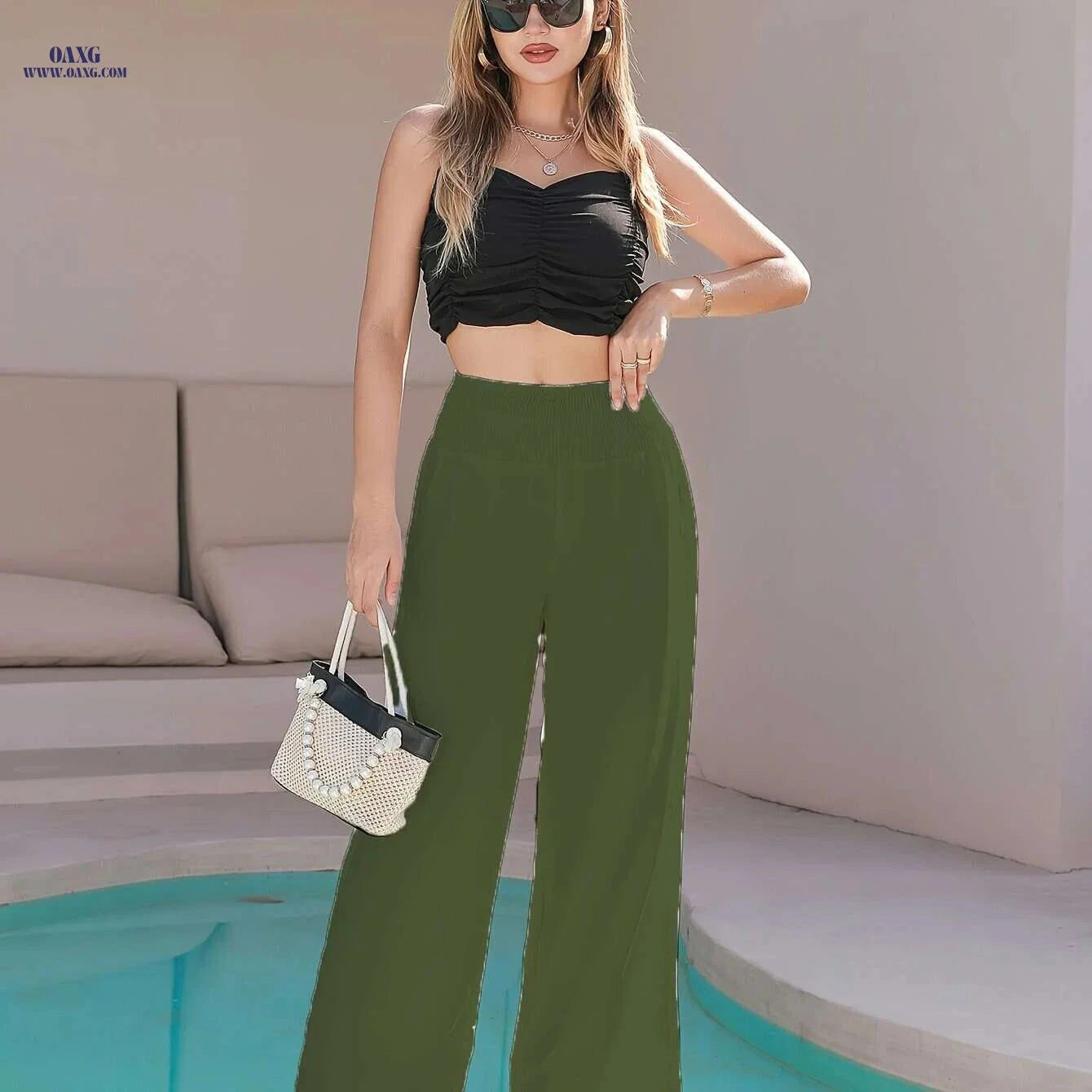 Women's Elastic Waist Straight-Leg Pants - Casual Elegant Travel Trousers   OAXG 