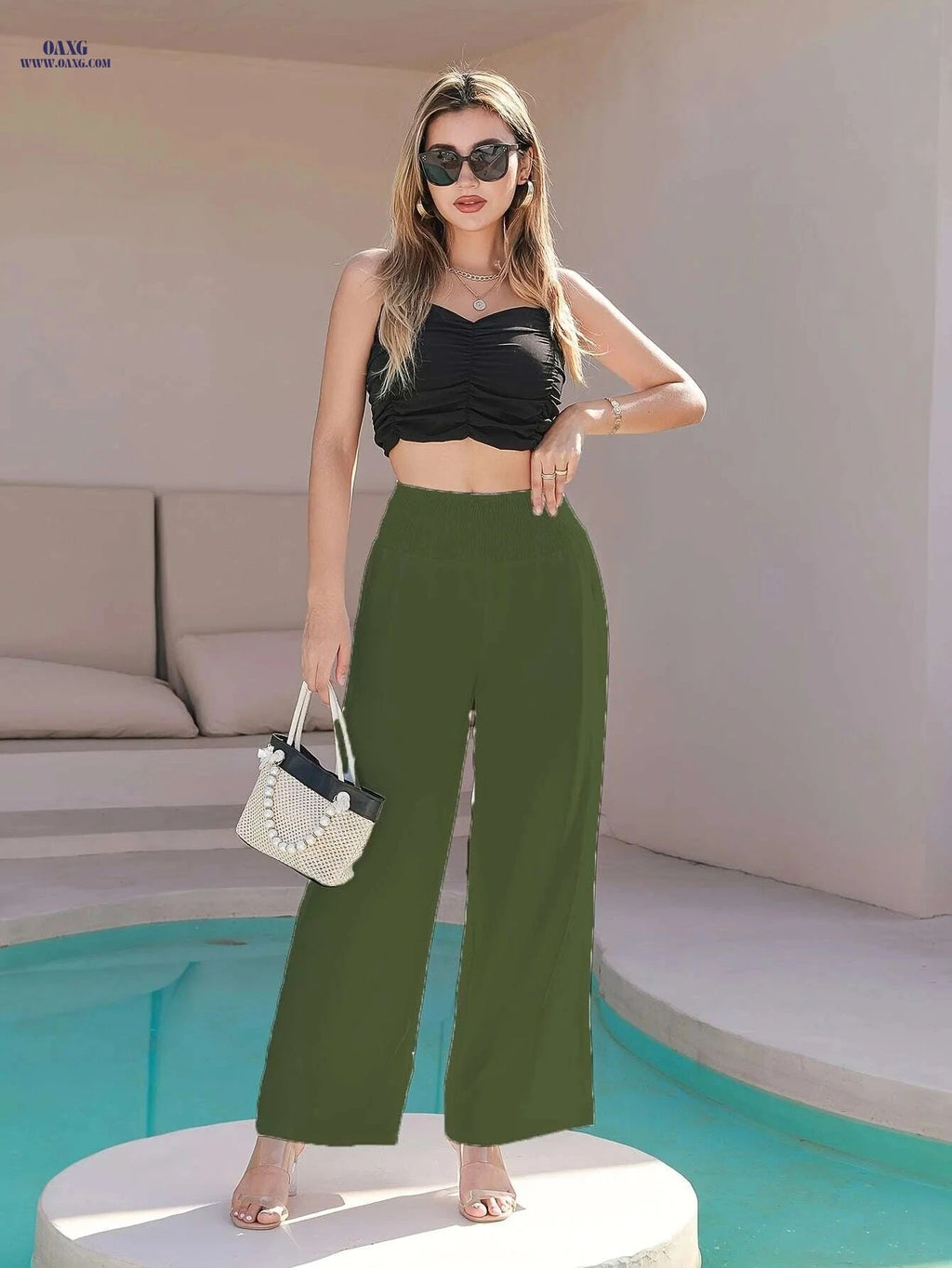 Women's Elastic Waist Straight-Leg Pants - Casual Elegant Travel Trousers   OAXG White / S