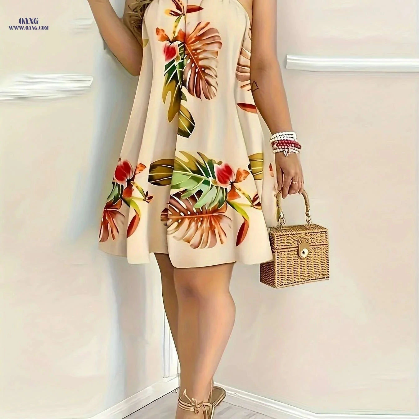 Women's Elegant Backless Floral Halter Dress - Perfect for Vacation   OAXG 