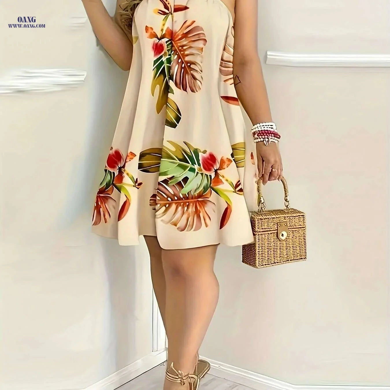 Women's Elegant Backless Floral Halter Dress - Perfect for Vacation   OAXG Multicolor 1 / S