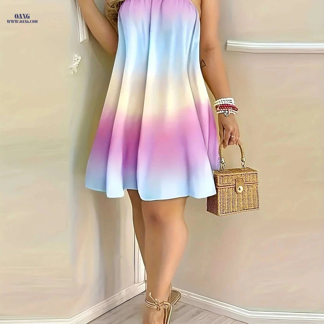 Women's Elegant Backless Floral Halter Dress - Perfect for Vacation   OAXG Multicolor 1 / S