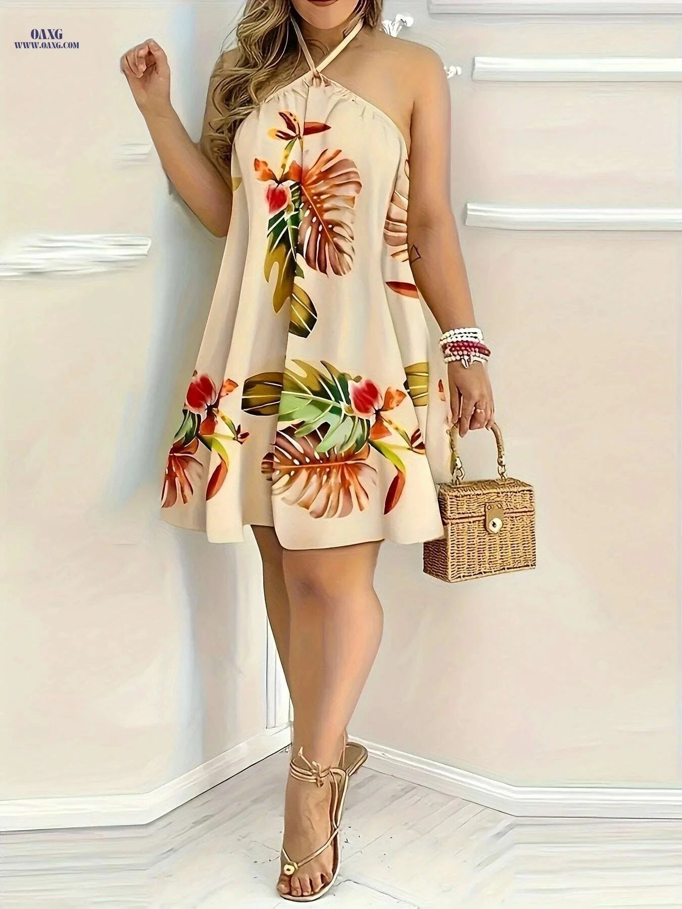 Women's Elegant Backless Floral Halter Dress - Perfect for Vacation   OAXG Multicolor 1 / S