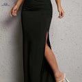 Women's Elegant Black Midi Skirt - Ruched Thigh-High Slit, Slim Fit   OAXG 