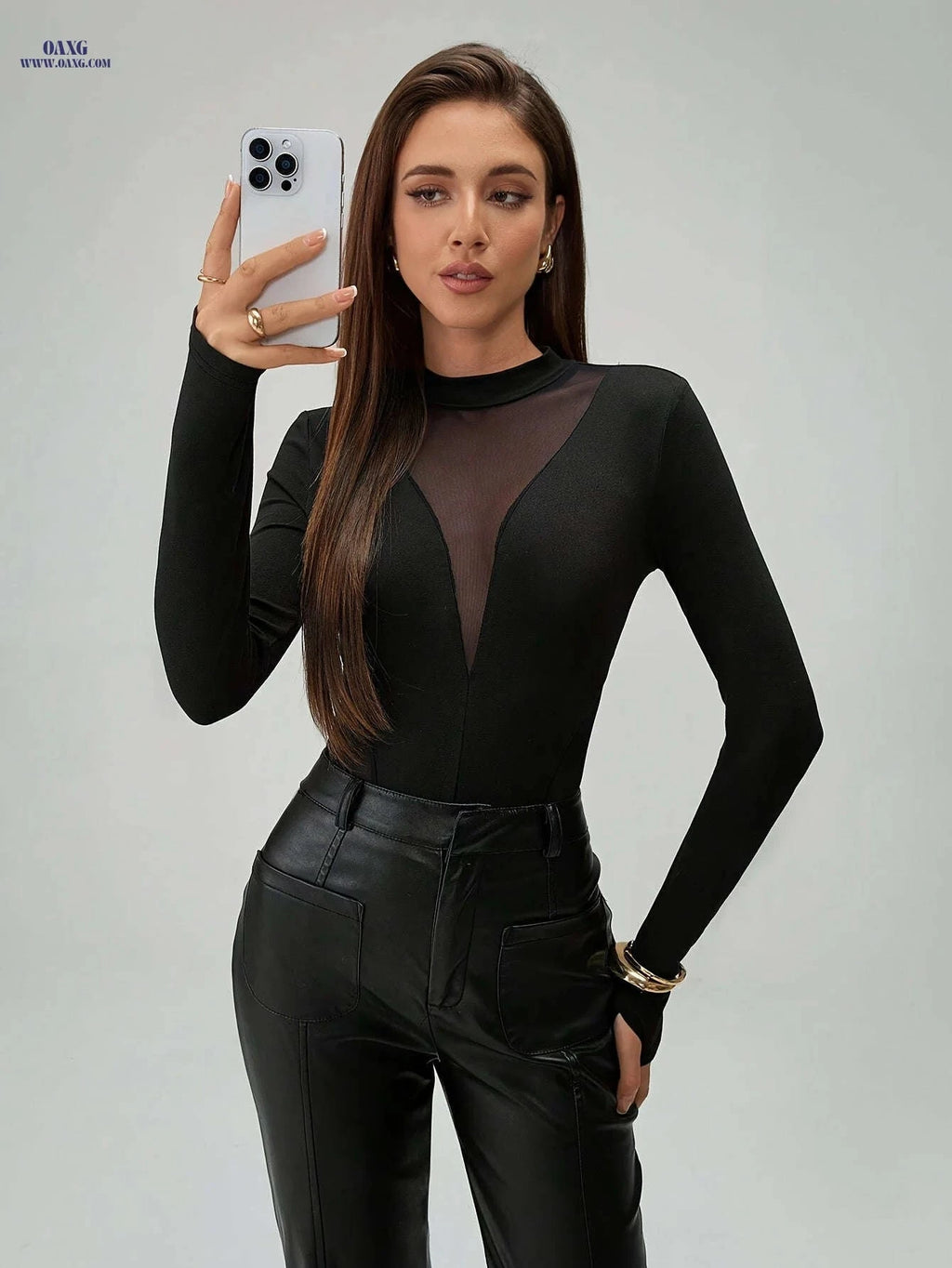 Women's Elegant Black Sleeve Bodysuit - Stretchy Mesh Round Neck Top   OAXG Black / XS
