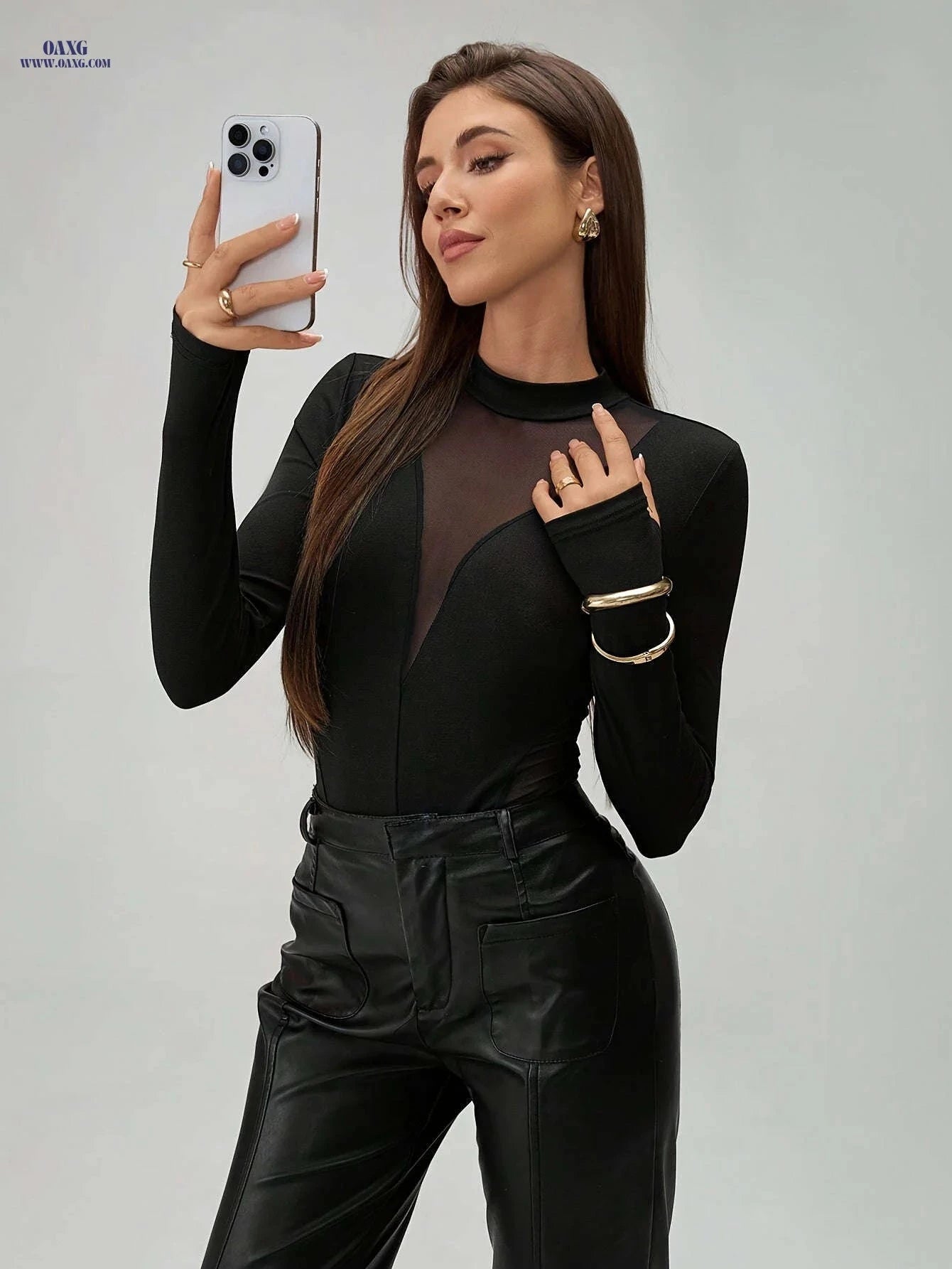 Women's Elegant Black Sleeve Bodysuit - Stretchy Mesh Round Neck Top   OAXG Black / XS