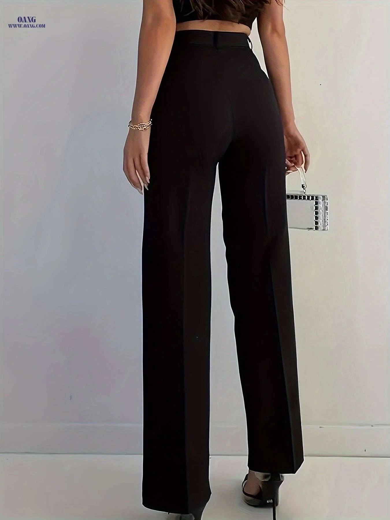 Women's Elegant Black Straight-Leg Trousers - Zipper & Button Design   OAXG 