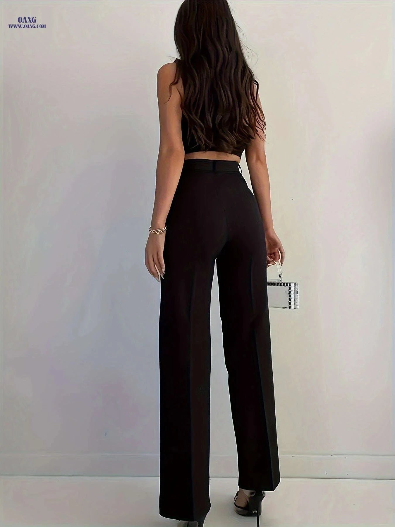 Women's Elegant Black Straight-Leg Trousers - Zipper & Button Design   OAXG Black / XS
