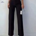Women's Elegant Black Straight-Leg Trousers - Zipper & Button Design   OAXG Black / XS