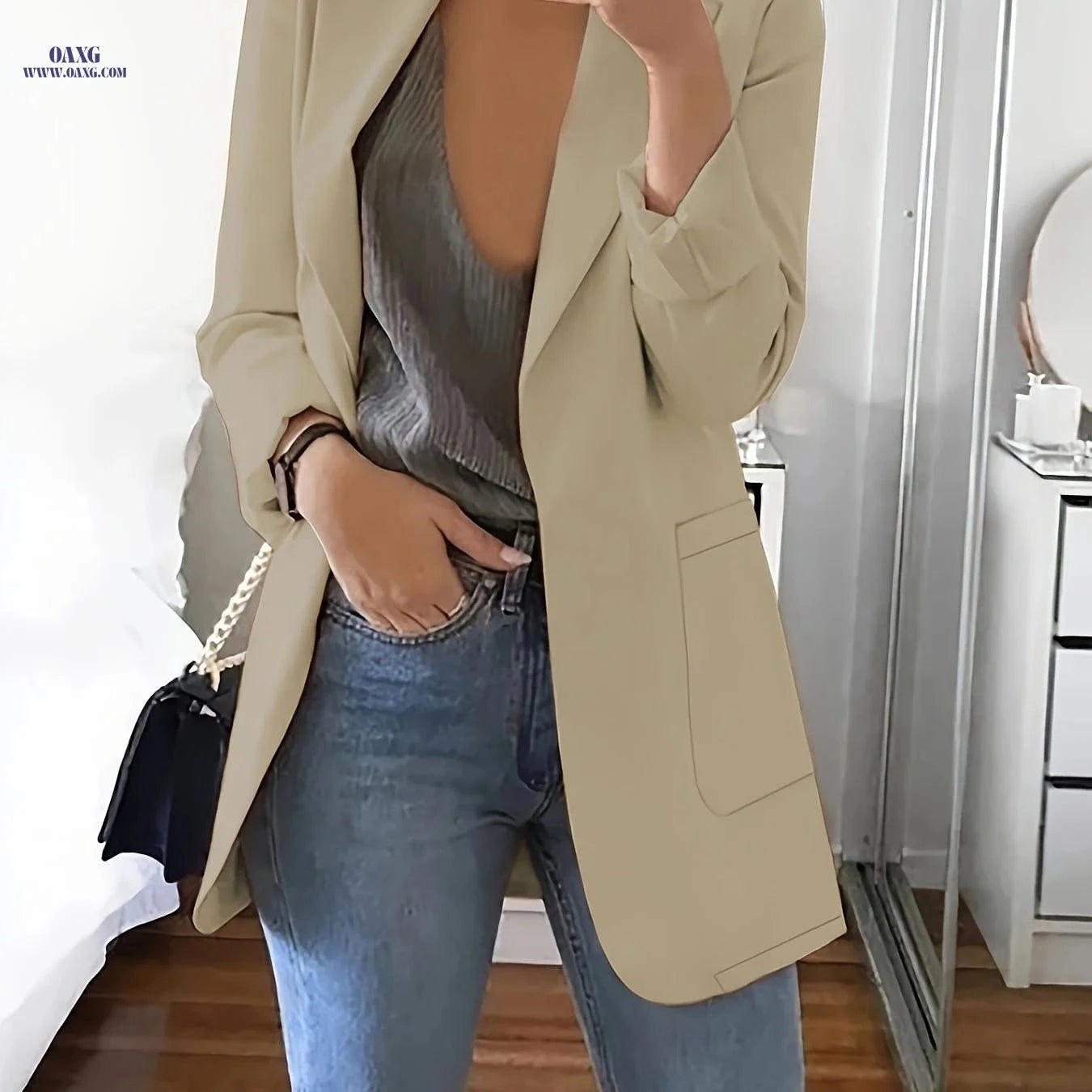 Women's Elegant Blazer - Structured Formal Jacket for Year-Round Wear   OAXG Khaki / S