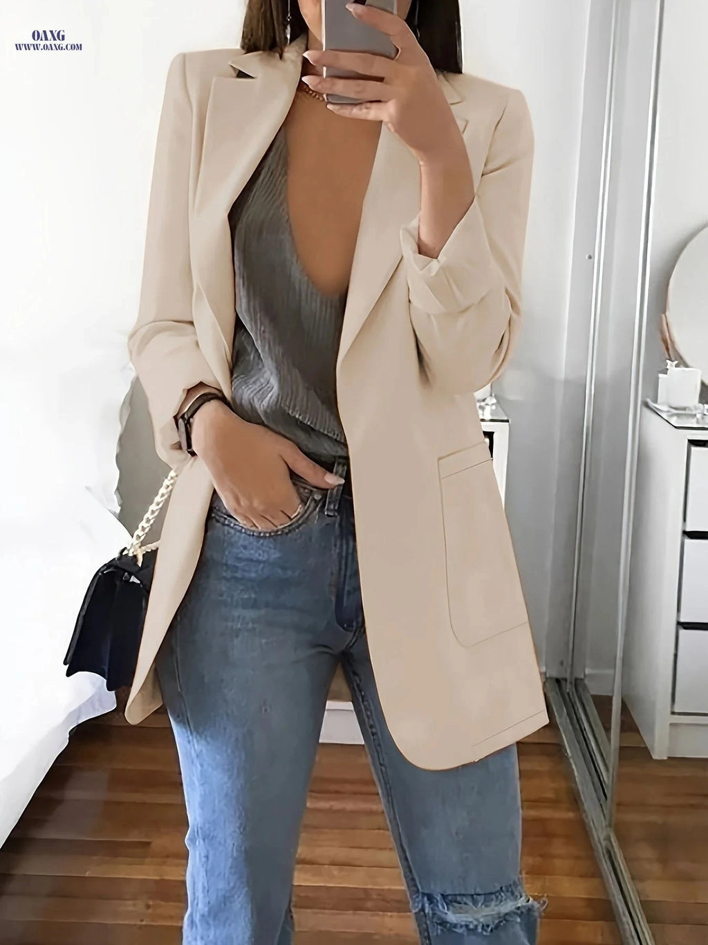 Women's Elegant Blazer - Structured Formal Jacket for Year-Round Wear   OAXG Khaki / S