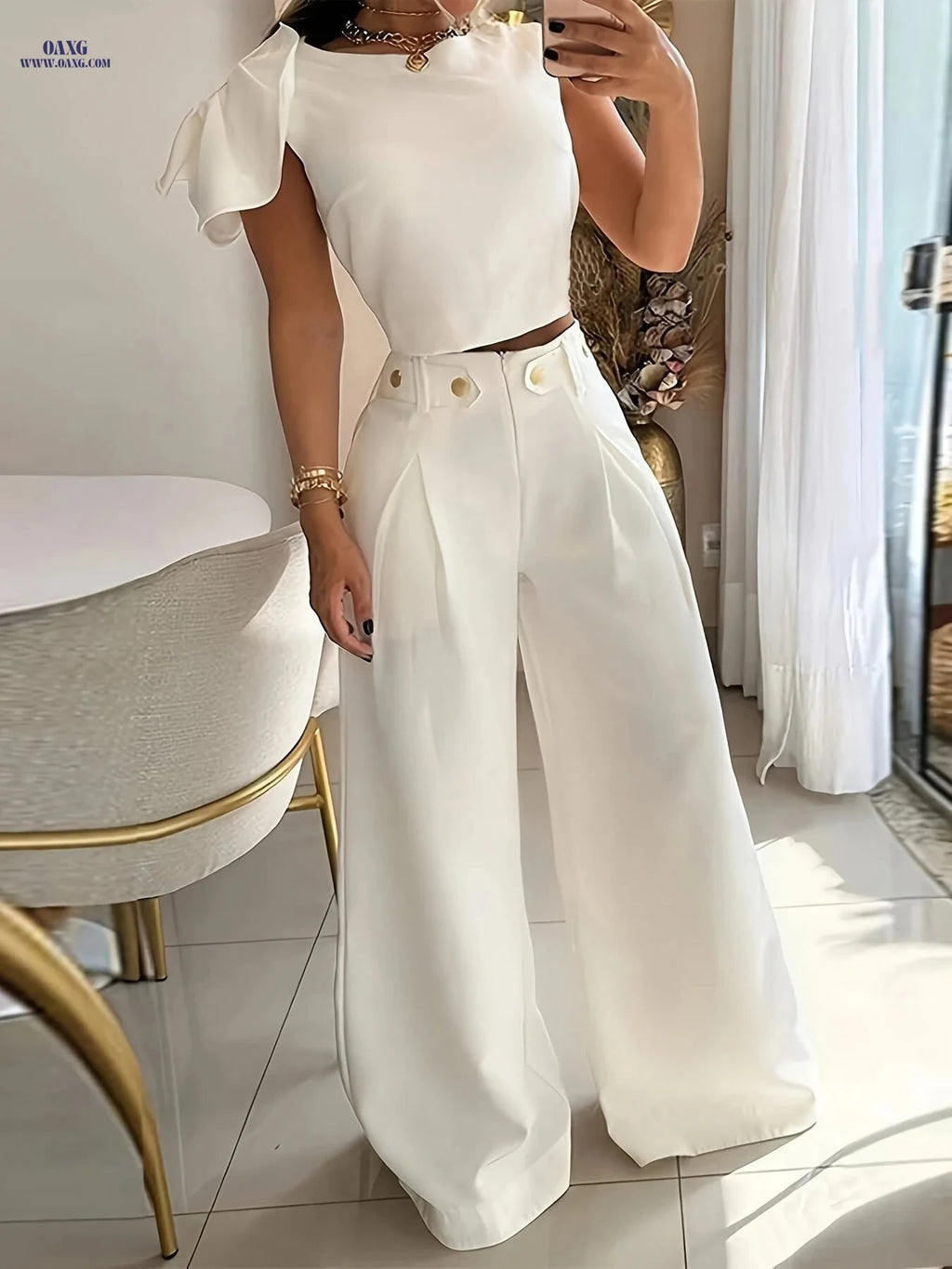 Women's Elegant Bow-Decorated Sleeveless Top & Wide-Leg Pants Set   OAXG Ivory White / S