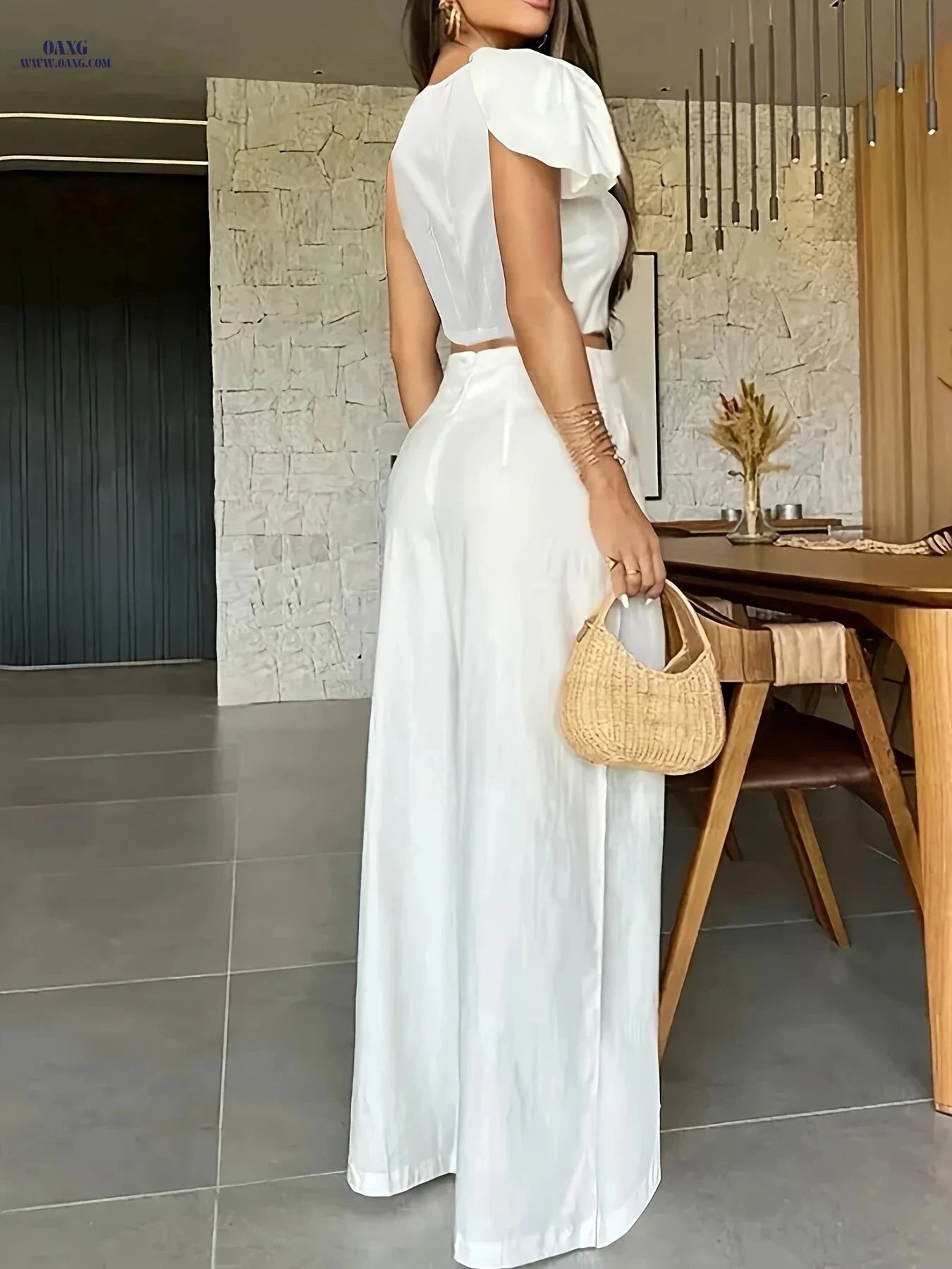 Women's Elegant Bow-Decorated Sleeveless Top & Wide-Leg Pants Set   OAXG Ivory White / S