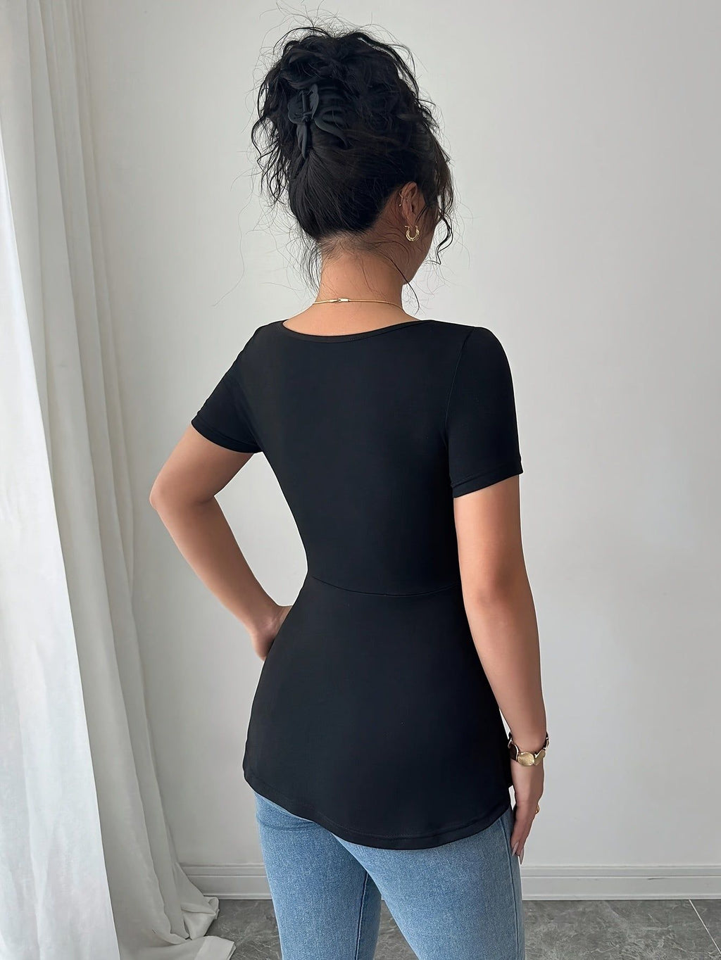 Women's Elegant Bow-Decorated Solid Color Spliced T-Shirt   OAXG Black / S