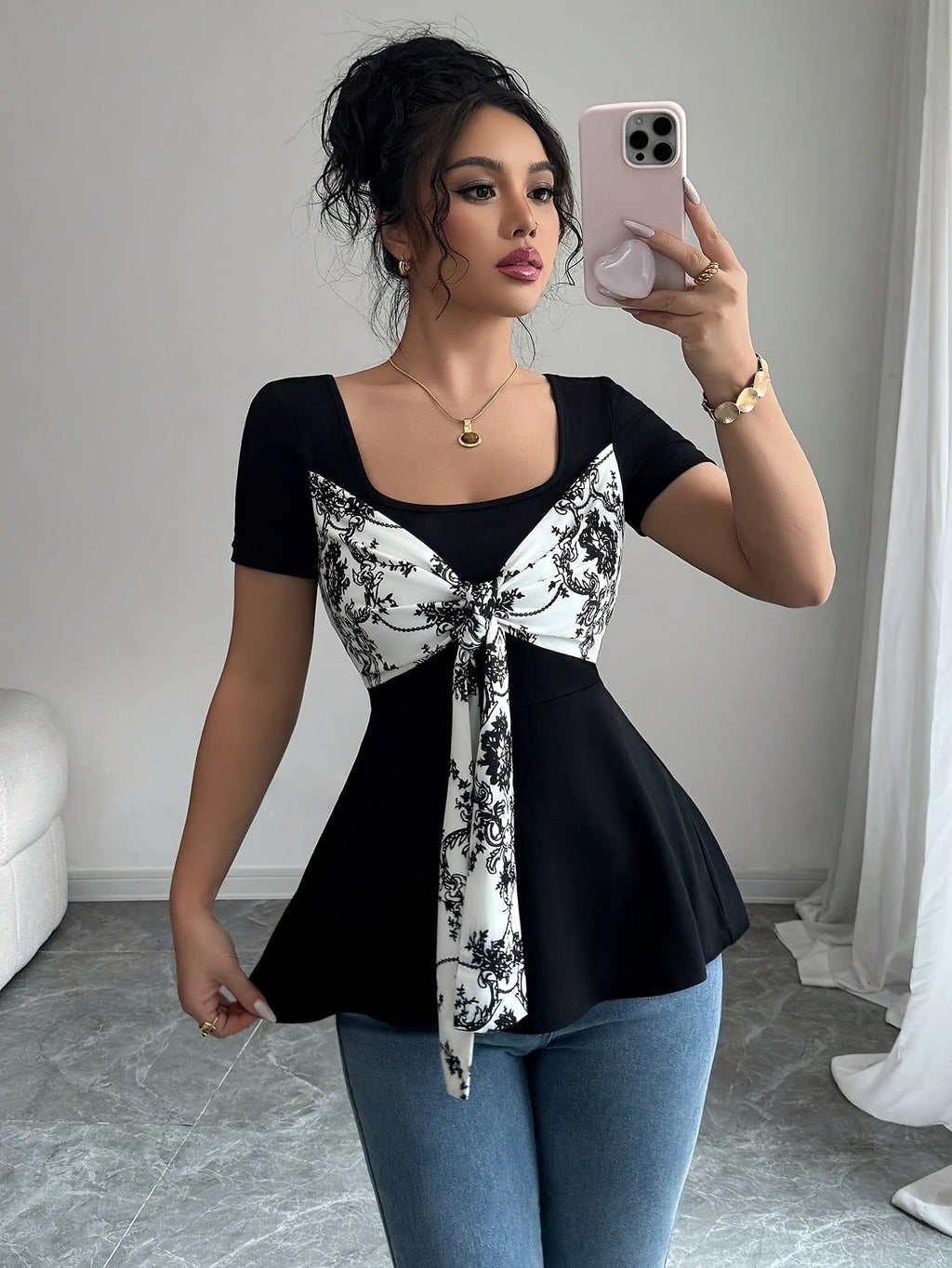 Women's Elegant Bow-Decorated Solid Color Spliced T-Shirt   OAXG Black / S