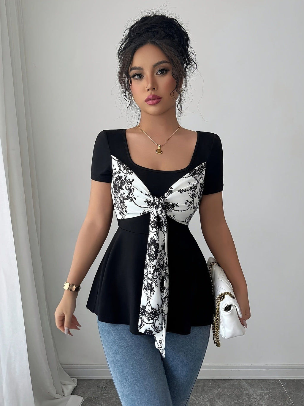 Women's Elegant Bow-Decorated Solid Color Spliced T-Shirt   OAXG Black / S