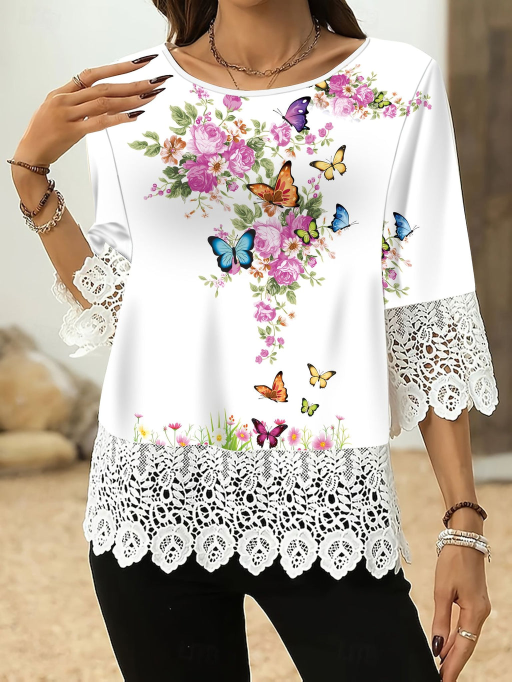 Women'S Elegant Butterfly Print Lace Trim Top - White Crew Neck Blouse with Floral & Butterfly Design, 3/4 Sleeve Crop Shirt for Spring/Summer, Casual to Formal Wear, Butterfly Decorations   OAXG Mixed colors / S