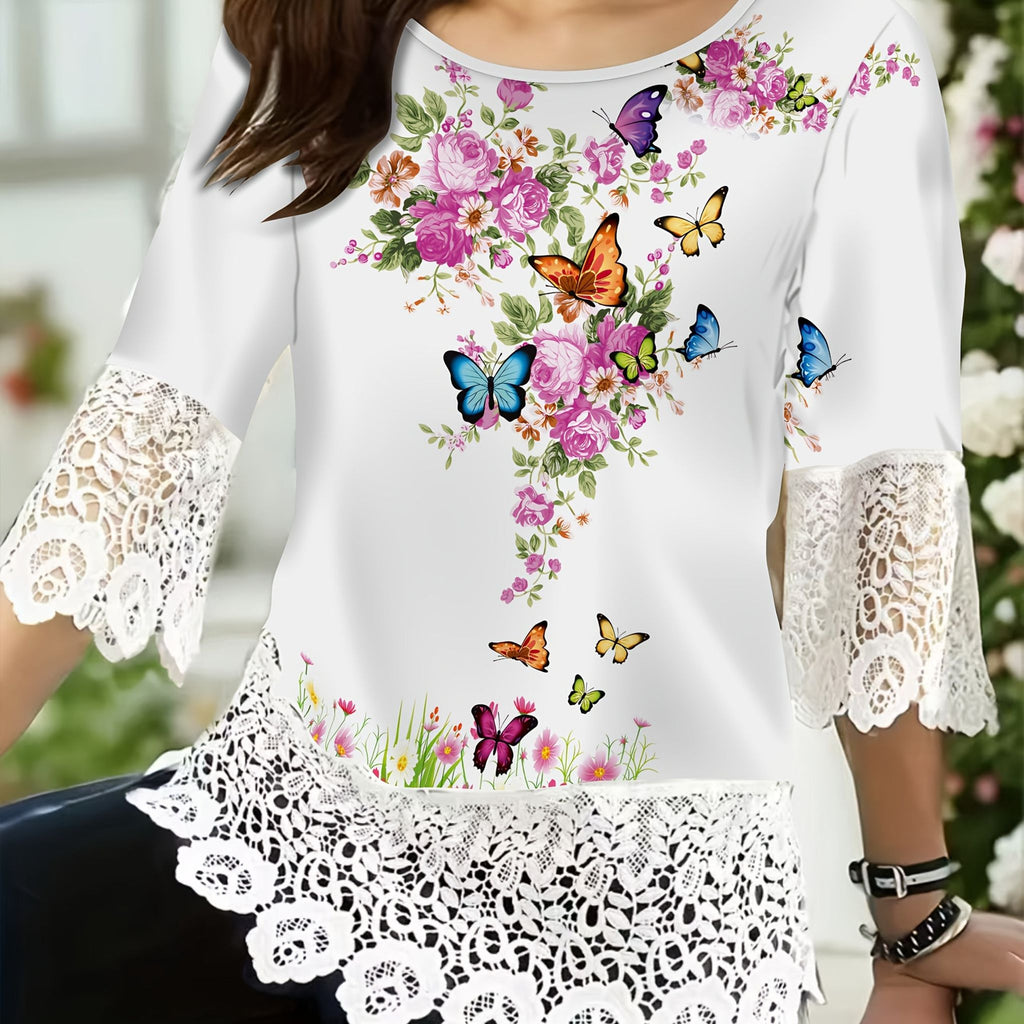 Women'S Elegant Butterfly Print Lace Trim Top - White Crew Neck Blouse with Floral & Butterfly Design, 3/4 Sleeve Crop Shirt for Spring/Summer, Casual to Formal Wear, Butterfly Decorations   OAXG Mixed colors / S