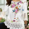 Women'S Elegant Butterfly Print Lace Trim Top - White Crew Neck Blouse with Floral & Butterfly Design, 3/4 Sleeve Crop Shirt for Spring/Summer, Casual to Formal Wear, Butterfly Decorations   OAXG Mixed colors / S
