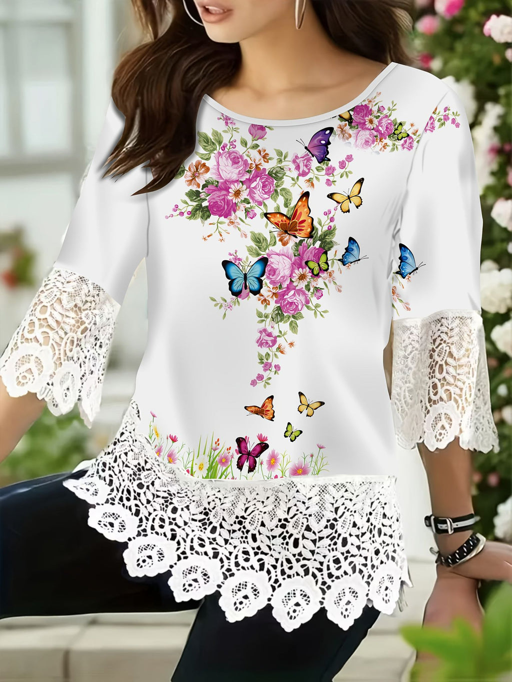 Women'S Elegant Butterfly Print Lace Trim Top - White Crew Neck Blouse with Floral & Butterfly Design, 3/4 Sleeve Crop Shirt for Spring/Summer, Casual to Formal Wear, Butterfly Decorations   OAXG Mixed colors / S