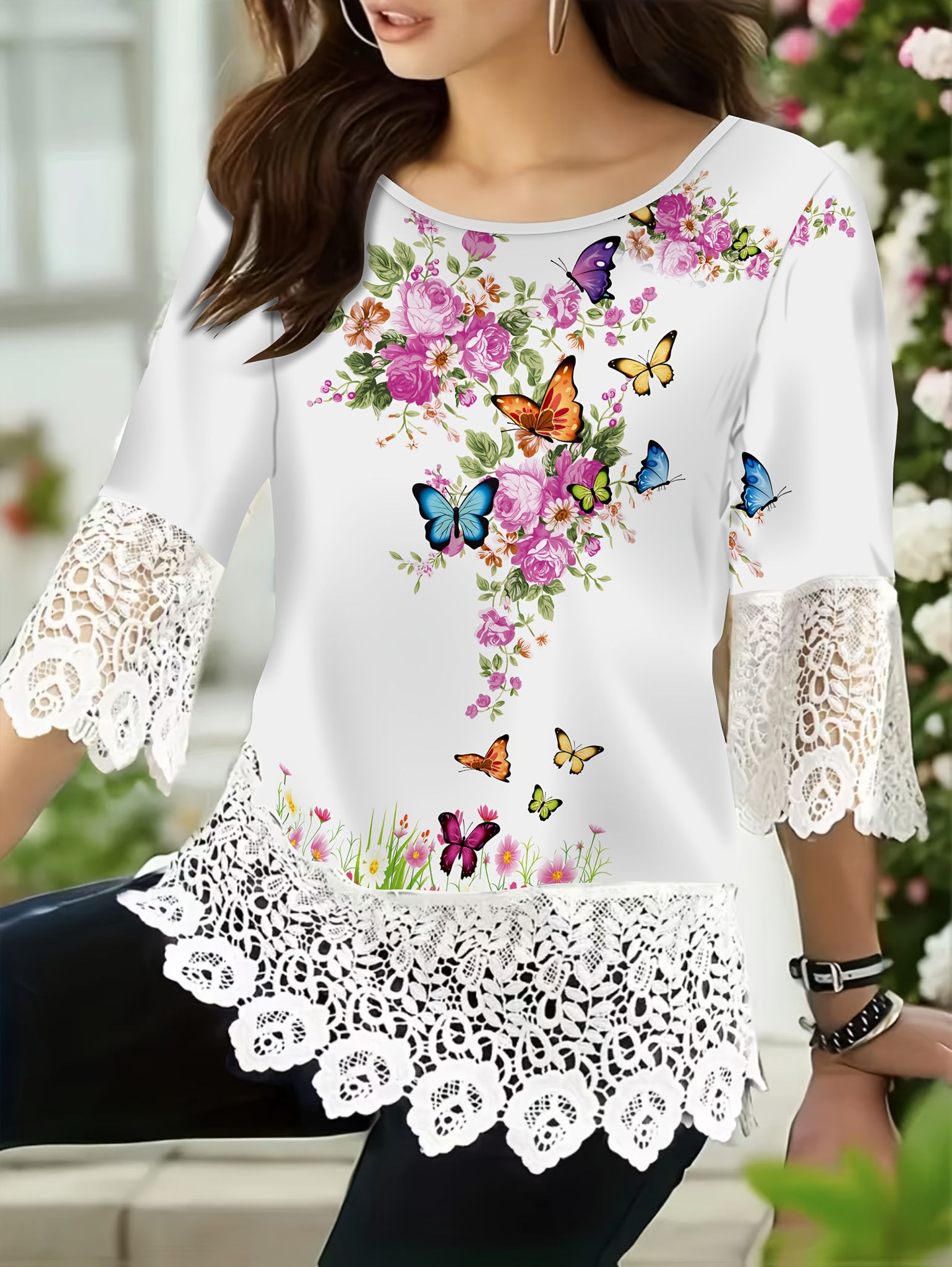 Women'S Elegant Butterfly Print Lace Trim Top - White Crew Neck Blouse with Floral & Butterfly Design, 3/4 Sleeve Crop Shirt for Spring/Summer, Casual to Formal Wear, Butterfly Decorations   OAXG Mixed colors / S
