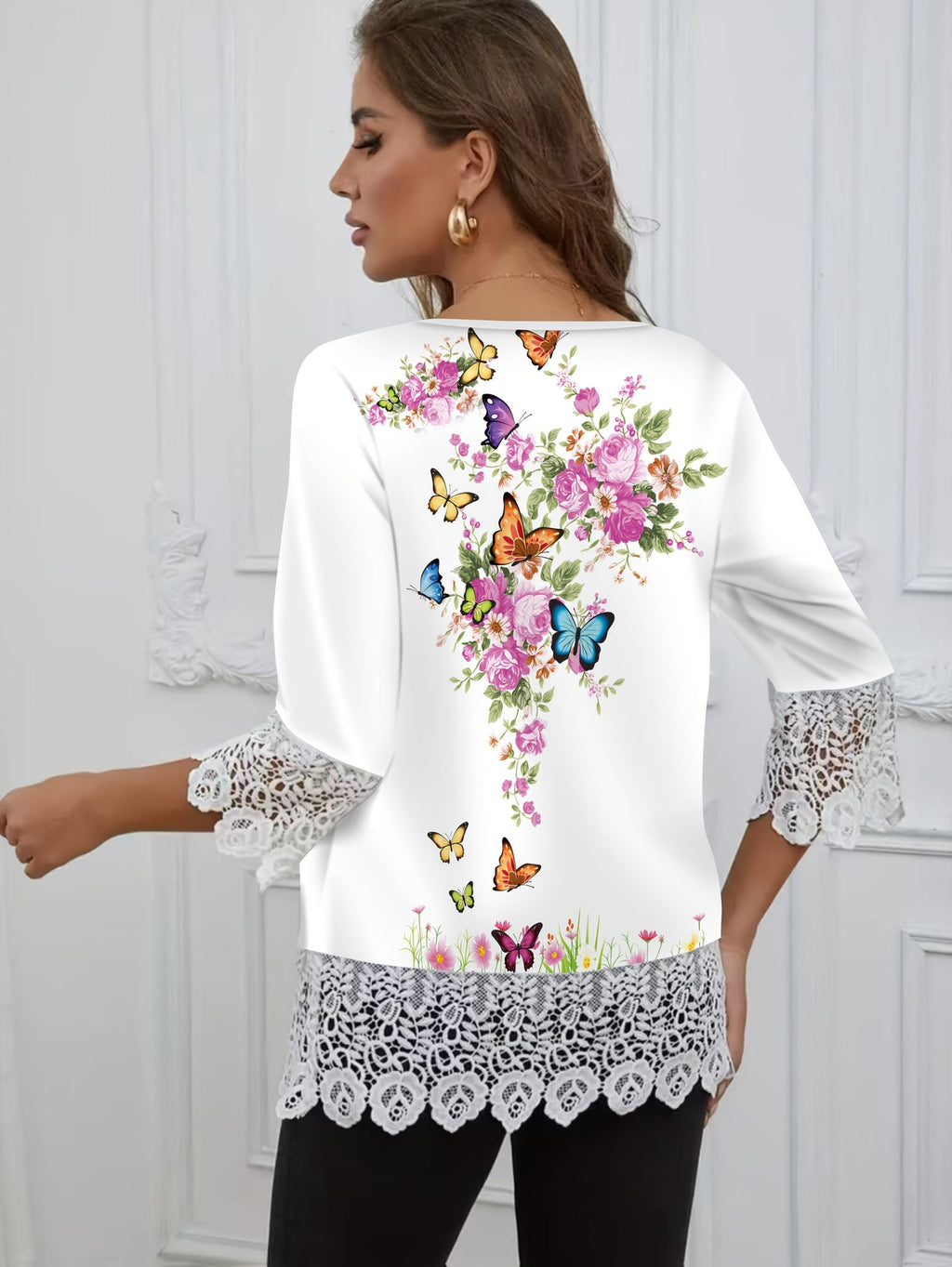 Women'S Elegant Butterfly Print Lace Trim Top - White Crew Neck Blouse with Floral & Butterfly Design, 3/4 Sleeve Crop Shirt for Spring/Summer, Casual to Formal Wear, Butterfly Decorations   OAXG Mixed colors / S
