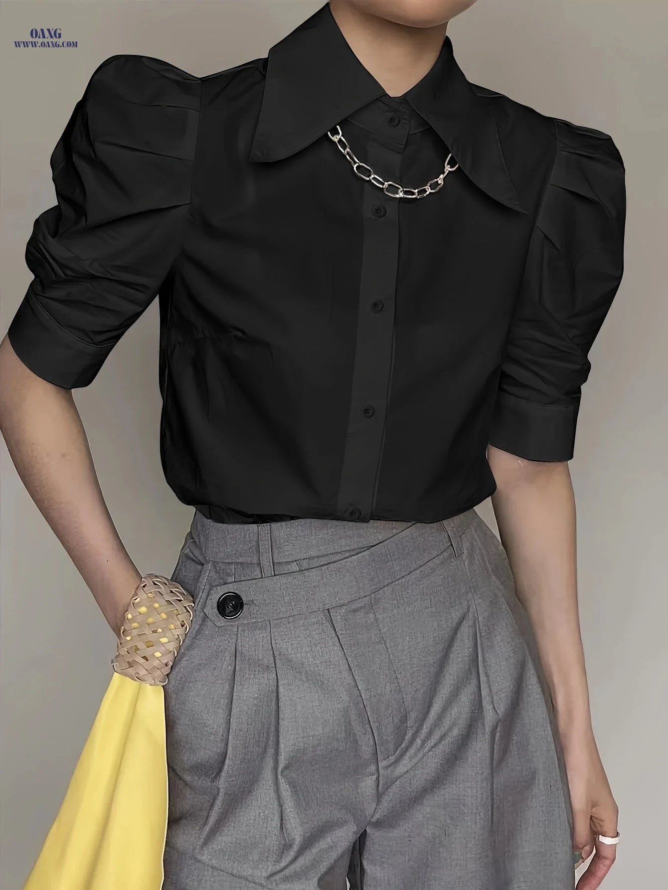 Women's Elegant Button-Front Short Sleeve Shirt - Solid Color Style   OAXG Yellow / S