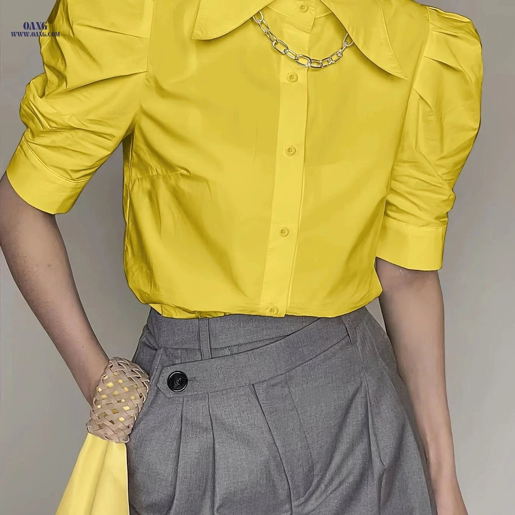 Women's Elegant Button-Front Short Sleeve Shirt - Solid Color Style   OAXG Yellow / S
