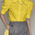 Women's Elegant Button-Front Short Sleeve Shirt - Solid Color Style   OAXG Yellow / S