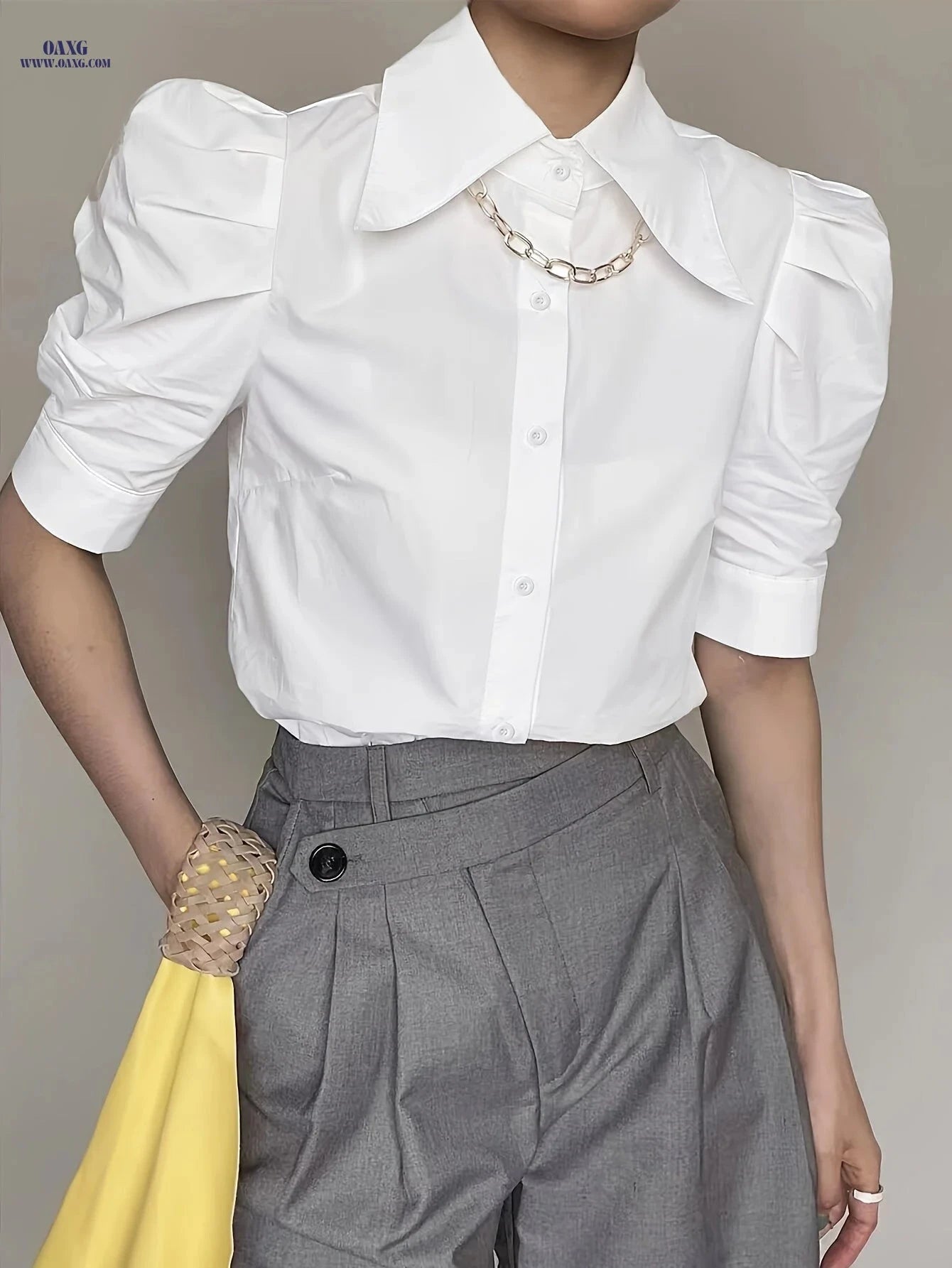 Women's Elegant Button-Front Short Sleeve Shirt - Solid Color Style   OAXG Yellow / S