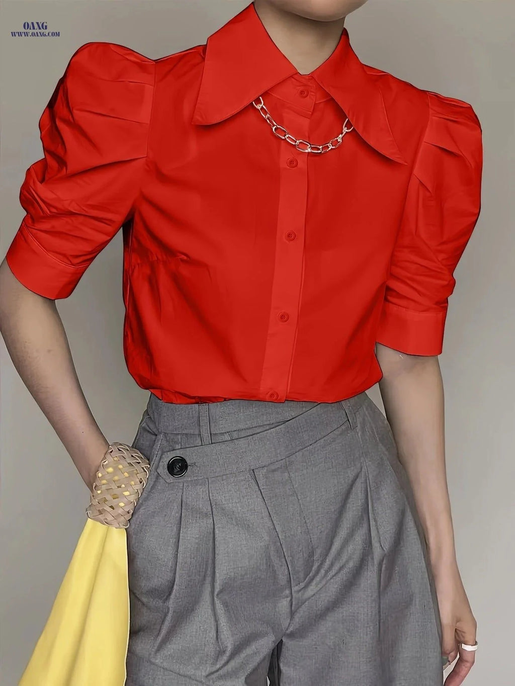 Women's Elegant Button-Front Short Sleeve Shirt - Solid Color Style   OAXG Yellow / S