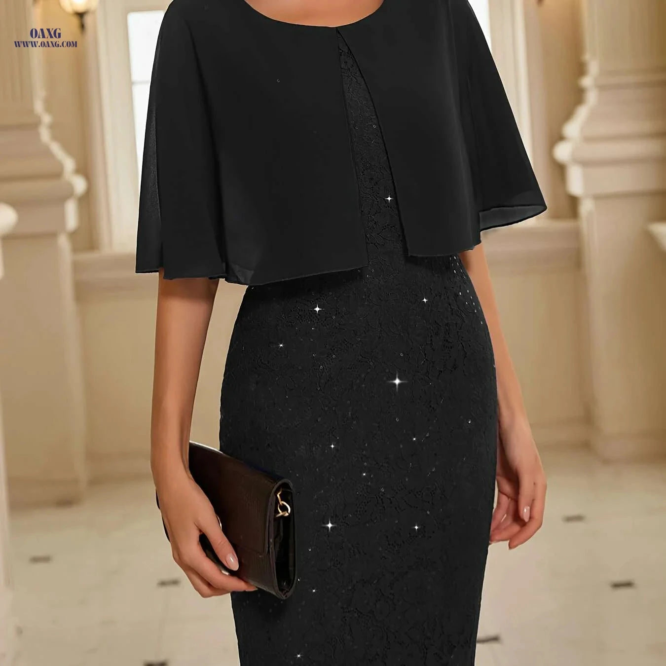 Women's Elegant Chiffon Lace Sequin Dress - A-Line Puff Sleeve   OAXG 