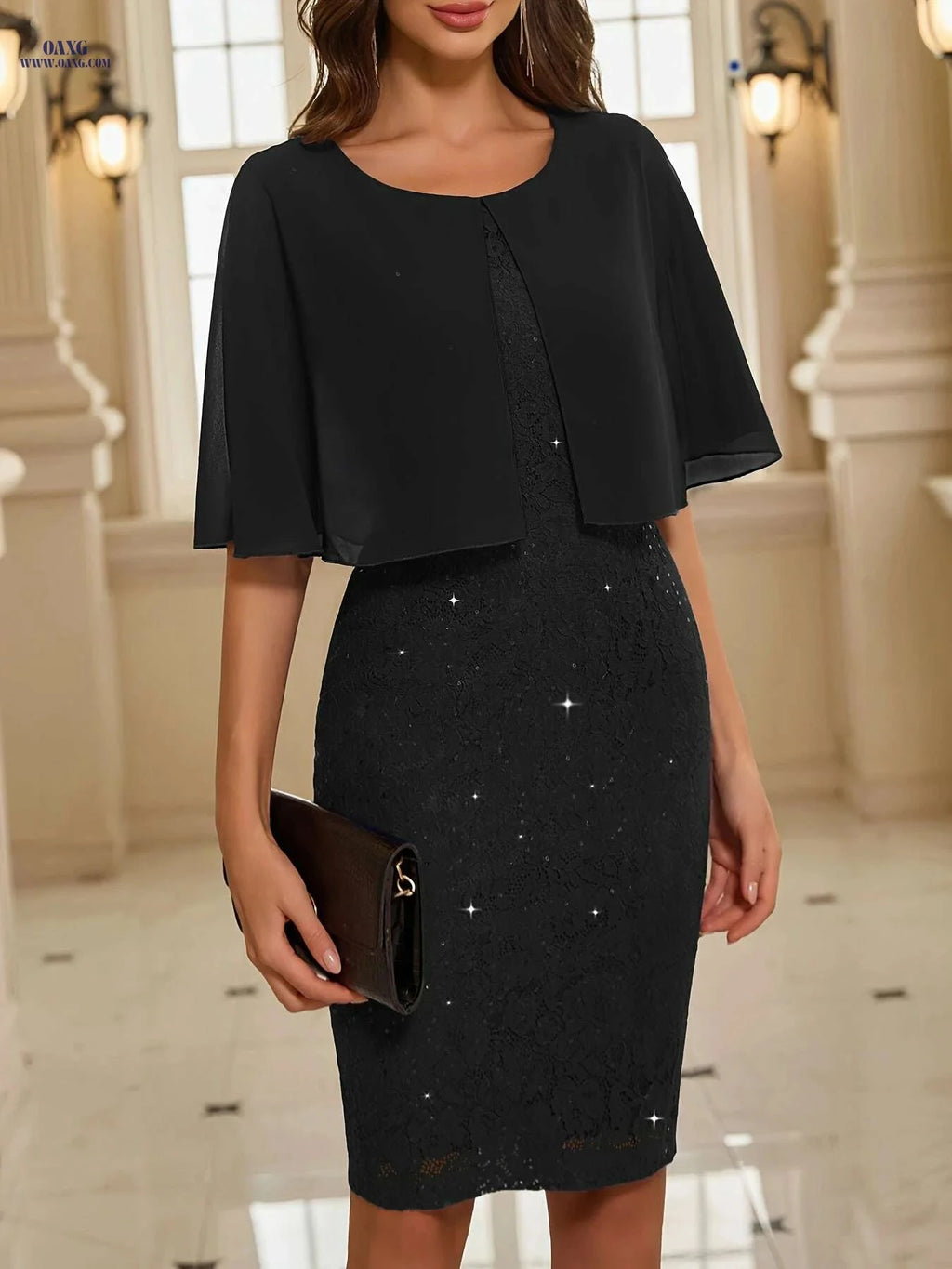 Women's Elegant Chiffon Lace Sequin Dress - A-Line Puff Sleeve   OAXG 