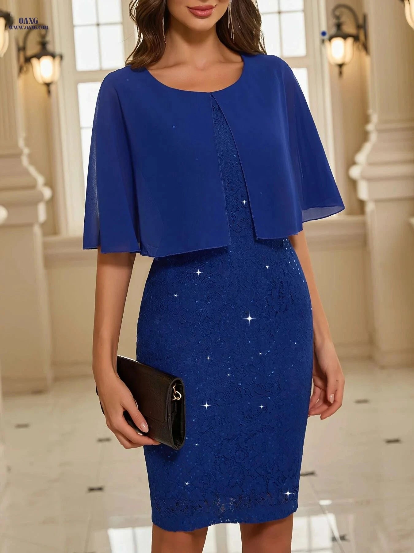 Women's Elegant Chiffon Lace Sequin Dress - A-Line Puff Sleeve   OAXG Pink Color / S